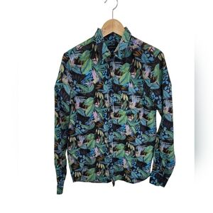 Process Black Botany Bird Print Long Sleeve Shirt Blue Green Size Small